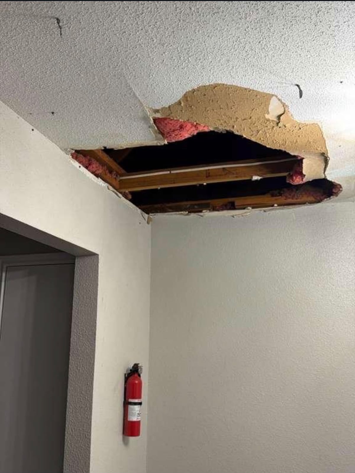 Ceiling opened to expose framing and insulation before repair